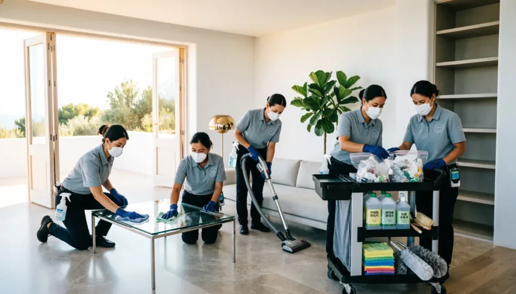 Limpieza propiedades Ibiza con equipo profesional y protocolos de mantenimiento visibles
