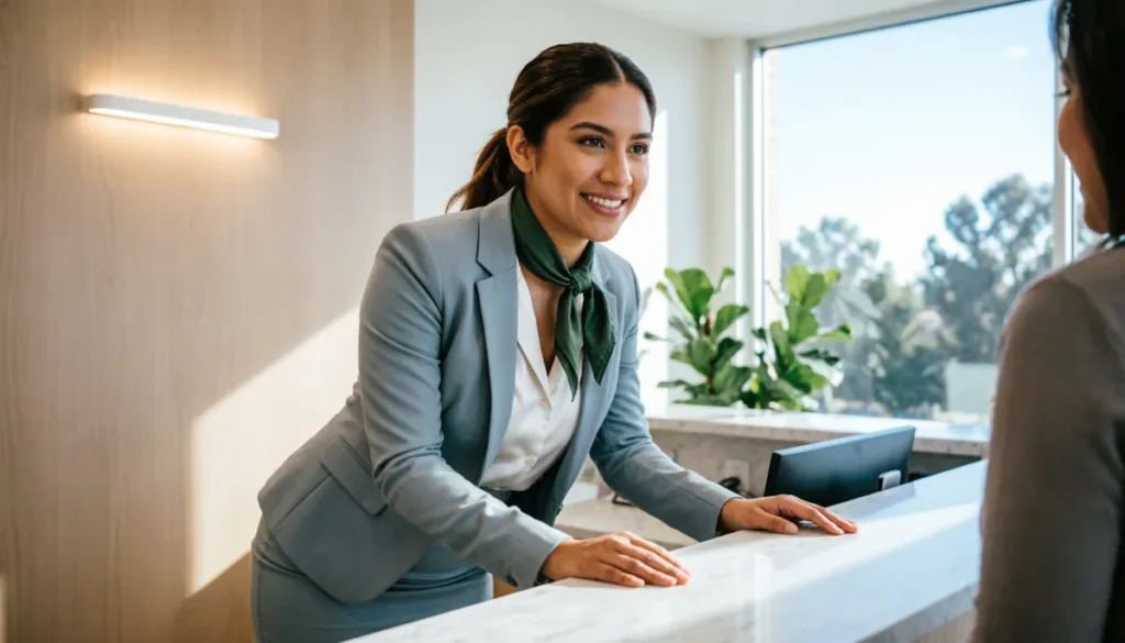 Recepcionista atendiendo paciente en clínica dental moderna con ambiente tranquilo y profesional