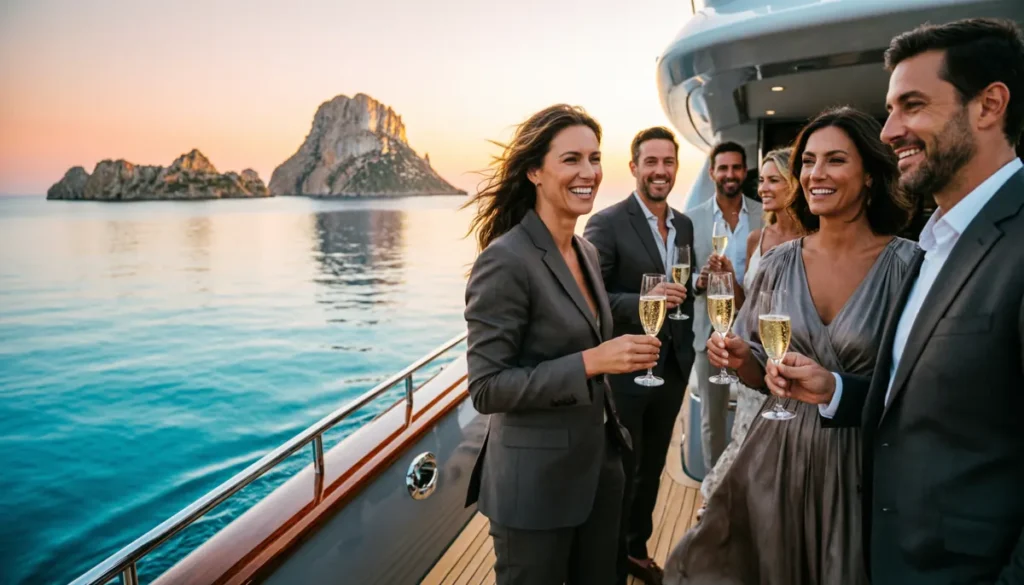 Yate de lujo en Ibiza lleno de turistas brindando, ideal para captar clientes chárter náutico.