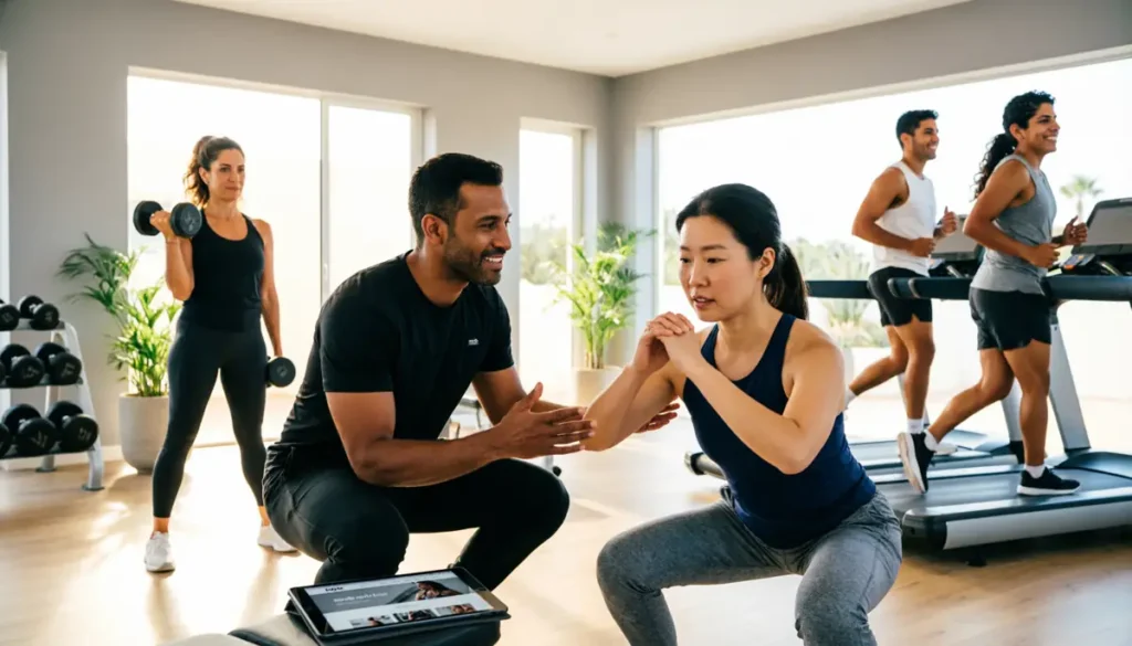 Gimnasio moderno con clientes entrenando y web en tablet, ejemplo de casos de éxito en diseño web para gimnasios