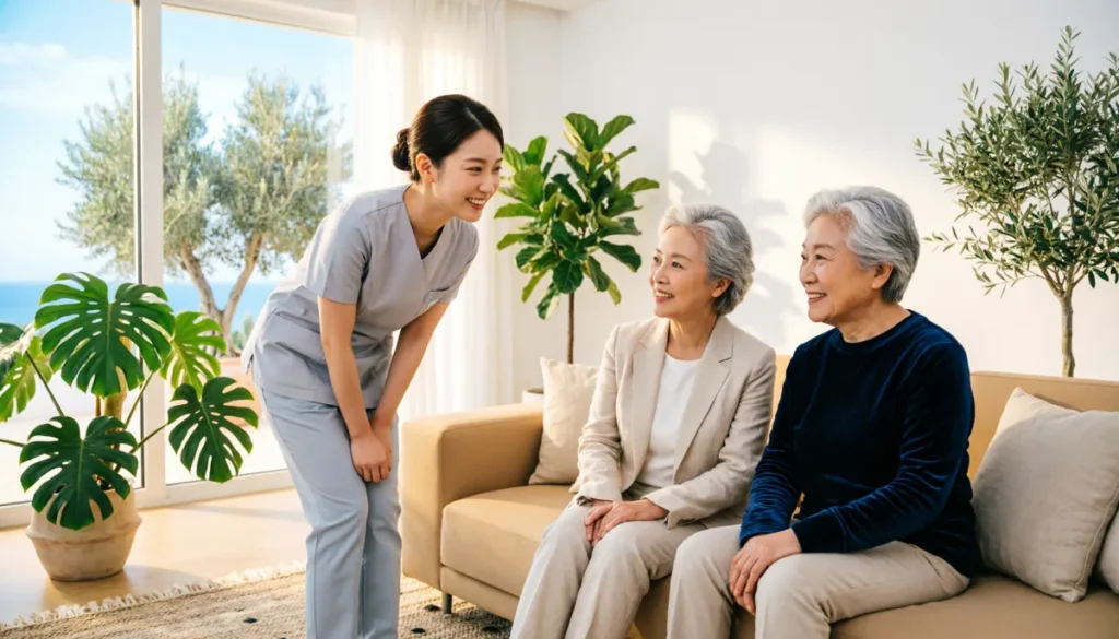 Enfermera amable cuidando a ancianos felices transmitiendo confianza web para residencias.
