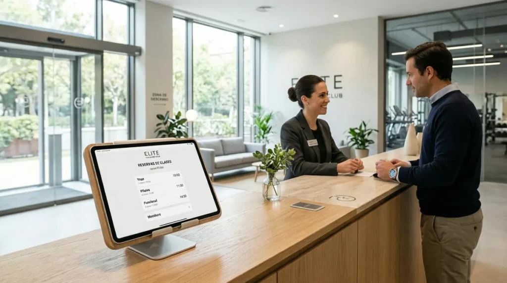 Una tablet mostrando un diseño web para centros deportivos rápido y moderno en la recepción de un gimnasio.