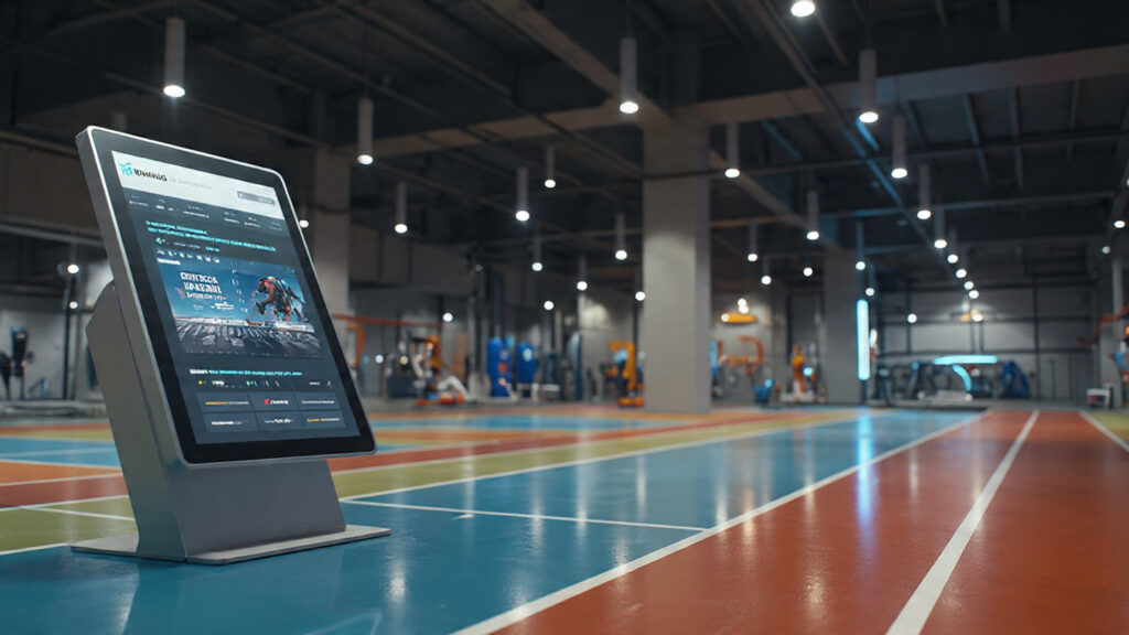 Interfaz digital de reservas online en un polideportivo moderno destacando el mantenimiento web para polideportivos.