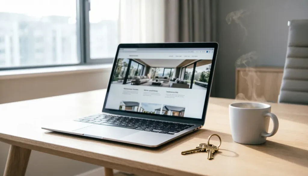 Ordenador portátil mostrando la importancia del diseño web para inmobiliarias en una oficina.