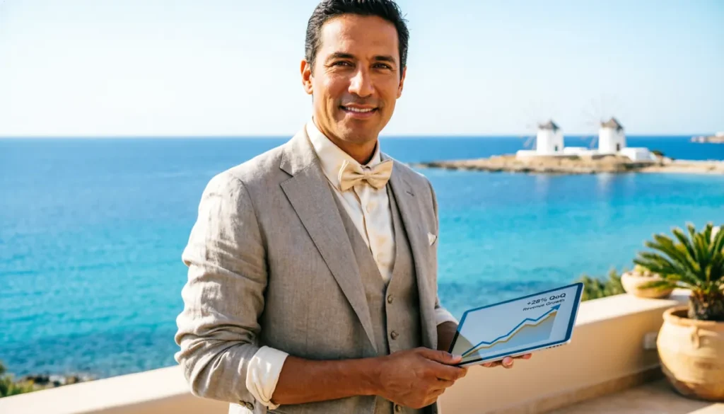 Gerente analizando el éxito del marketing hotel boutique ibiza en una tablet.
