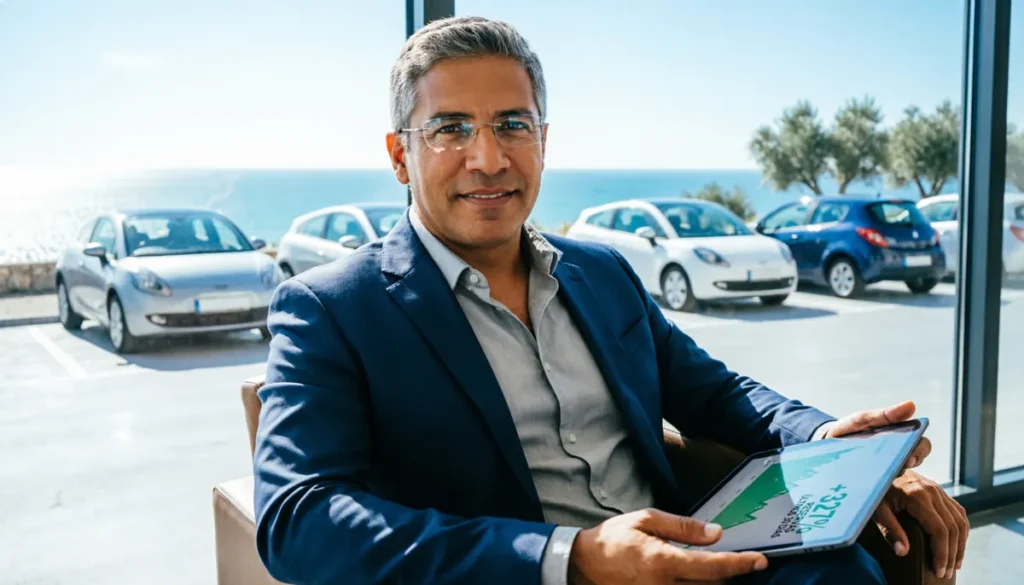 Empresario revisando métricas de marketing rent a car en su tablet para escalar ventas.