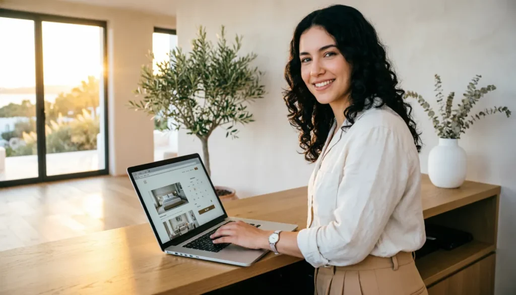 Recepcionista de hotel en Ibiza gestionando reservas en web moderna con diseño profesional
